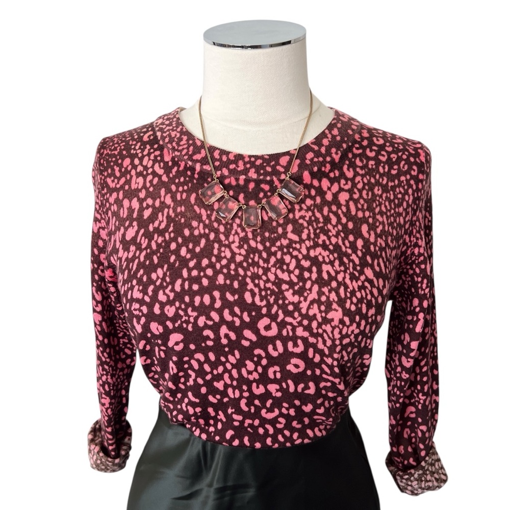 J. CREW Leopard Print Tippi Merino Wool Sweater Pink Maroon Brown Sz M